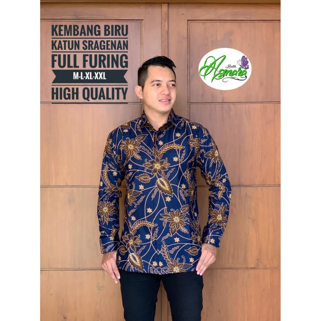 KEMBANG BIRU Kemeja Batik Pria Lengan Panjang Katun Halus FULL FURING Asmara