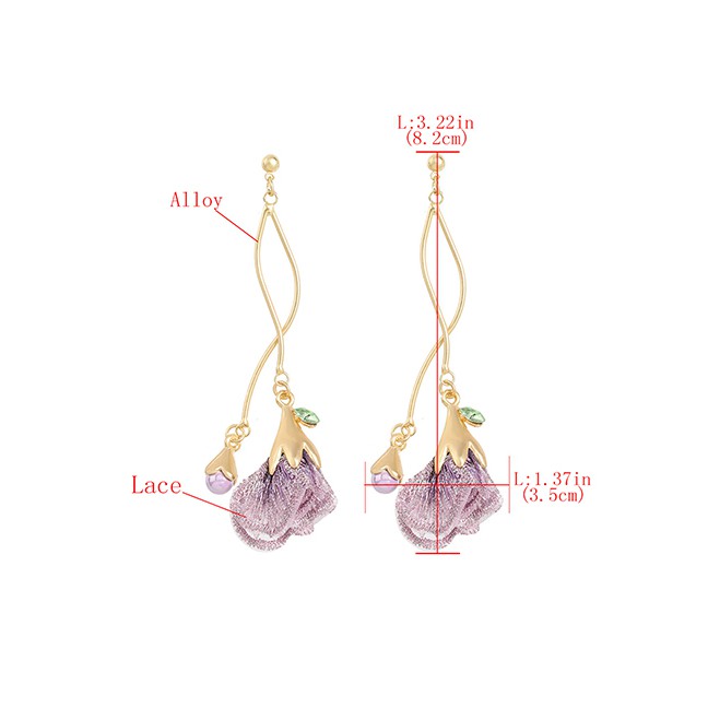 LRC Anting Tusuk Fashion Purple Alloy Lace Flower Pearl Earrings K96531