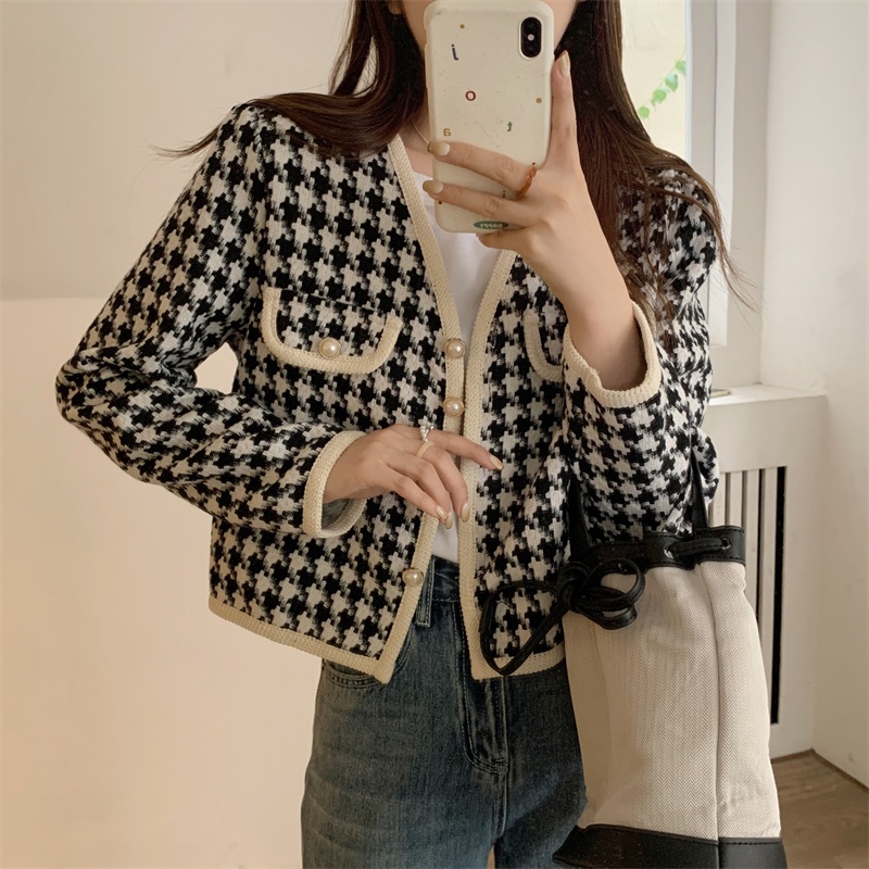 Jacket Lengan Panjang Korean Style Jaket Wanita Terbaru Outer Crop Kotak-kotak