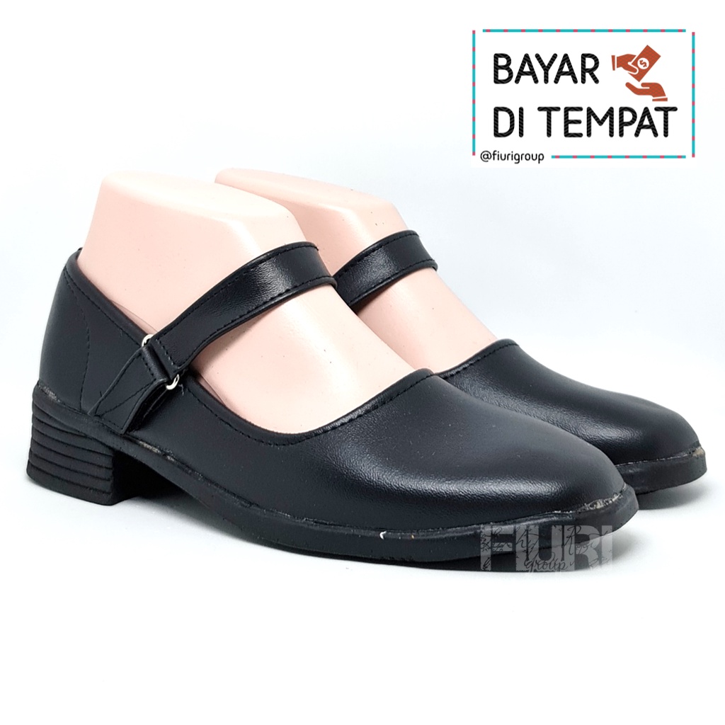 FIURI - Sepatu Pantofel Wanita Hitam Tali Perekat 36-42 Bonus Hitam Polos Hak 3cm - Sepatu Sekolah Perawat Suster Bidan Paskib Hak Tahu 3 cm Upacara Paskibra - Sepatu Formal Perempuan SD SMP SMA Pelatihan Ospek Kerja Kantor Resmi Kulit Murah Promo Diskon