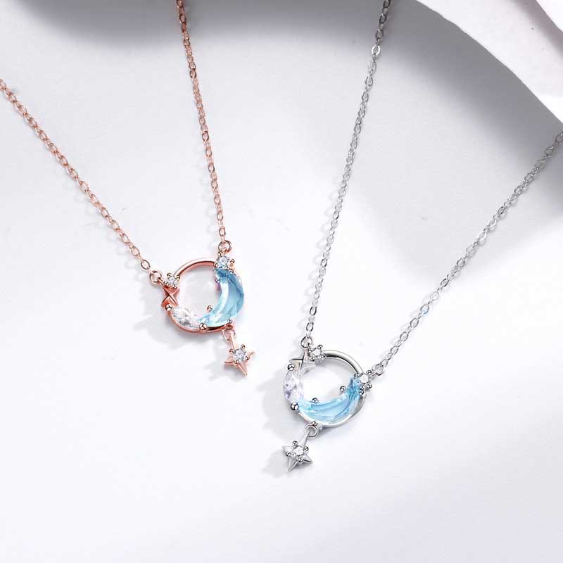 Kalung S925 Sterling Silver Liontin Bulan Bintang Galaxy Aksen Kristal Berlian Gaya Korea Untuk Wanita