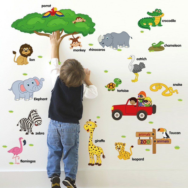 WALL STICKER POHON ANIMAL HEWAN ANAK JERAPAH STIKER DINDING EDUKASI MENGENAL BINATANG Tidak Merusak Cat