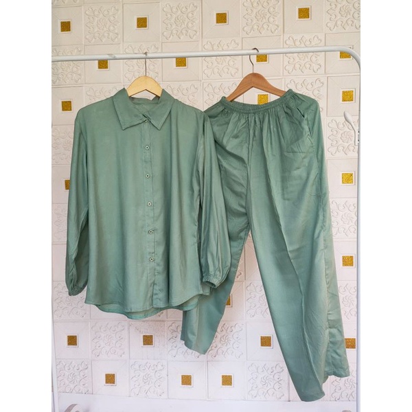 TPKK One Set Kerah Piyama Wanita Kekinian Rayon polos Pajamas Tangan Panjang Lengan Kerut Karet