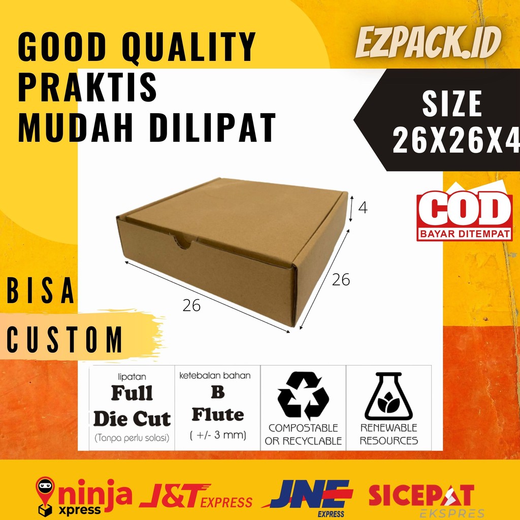 

Kardus packaging box die cut 26x26x4 kotak packing box hampers, hijab, baju, makanan (bisa custom)