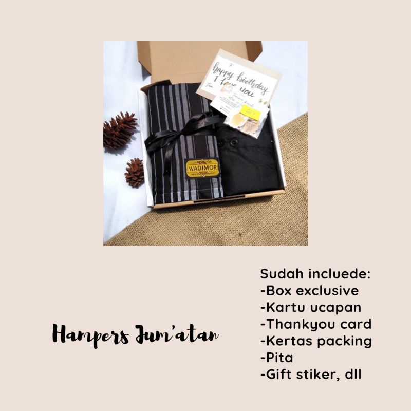 

Hampers jum'atan | Kado wisuda | Hampers sarung | hampers Baju Koko | Hampers cwok | Gift box
