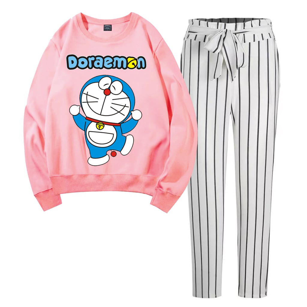 BESS - Baju Setelan Wanita Murah / Setelan Sweater + Celana Salur Putih - DORA DANCE