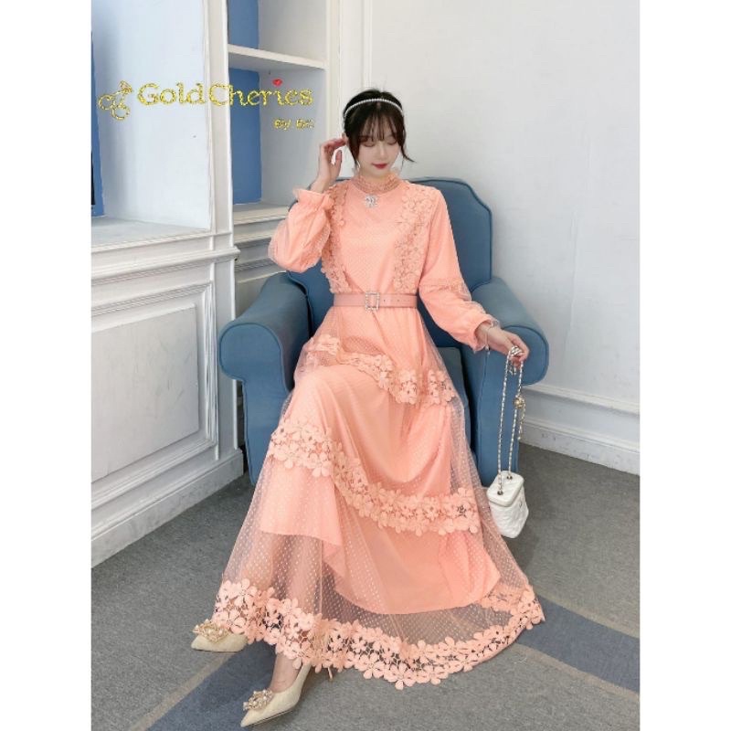 Poppy Brokat Dress With Belt / Gamis Brukat Wanita Import