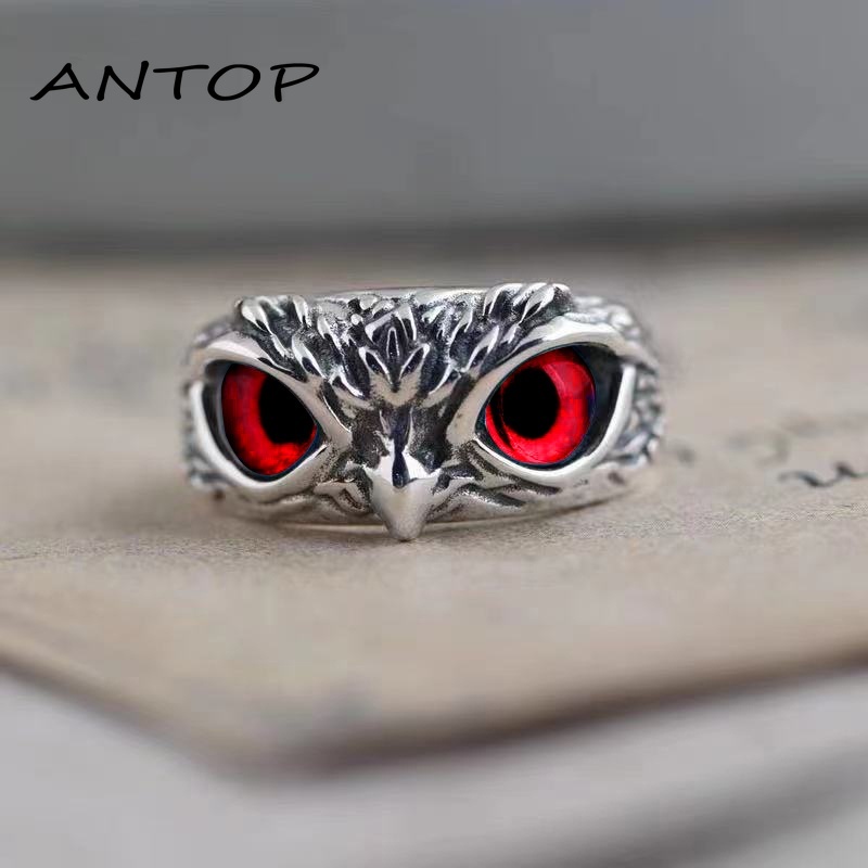 Vintage Style Burung Hantu Kristal Cincin Perak Hewan Pria Wanita Perhiasan Fashion Punk Crystal Rings ANTOP