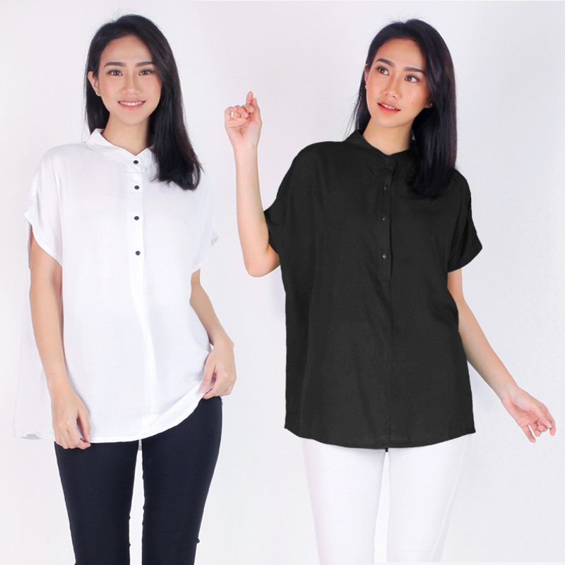 ARENA - Kemeja Wanita Jumbo Oversize Polos Kerah Shanghai / Mandarin Collar Shirt