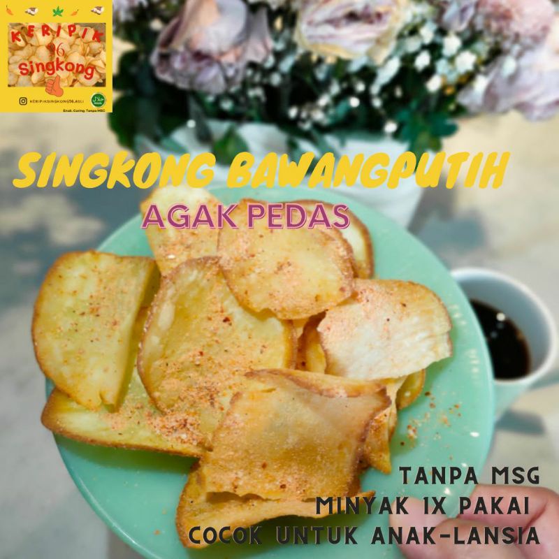 

KRIPIK SINGKONG BAWANG PUTIH (AGAK PEDAS) CEMILAN ANAK -LANSIA (TANPA MSG TANPA PENGAWET)