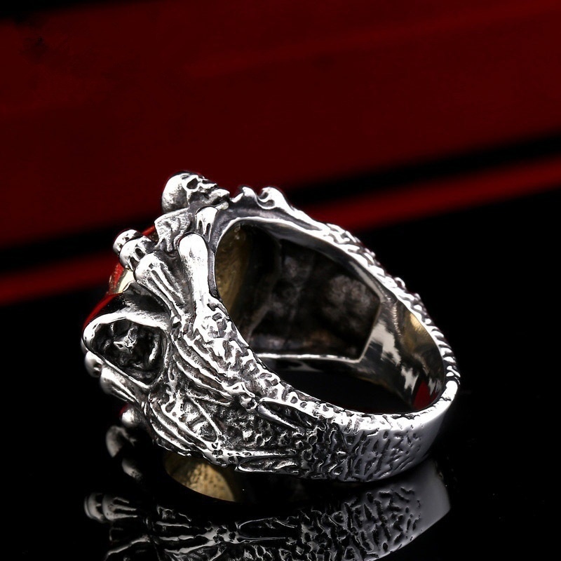 925 Perak Stainless Steel Cincin Tengkorak Cakar Iblis Bintang Enam Pria Perhiasan Fashion Vintage Baja Titanium