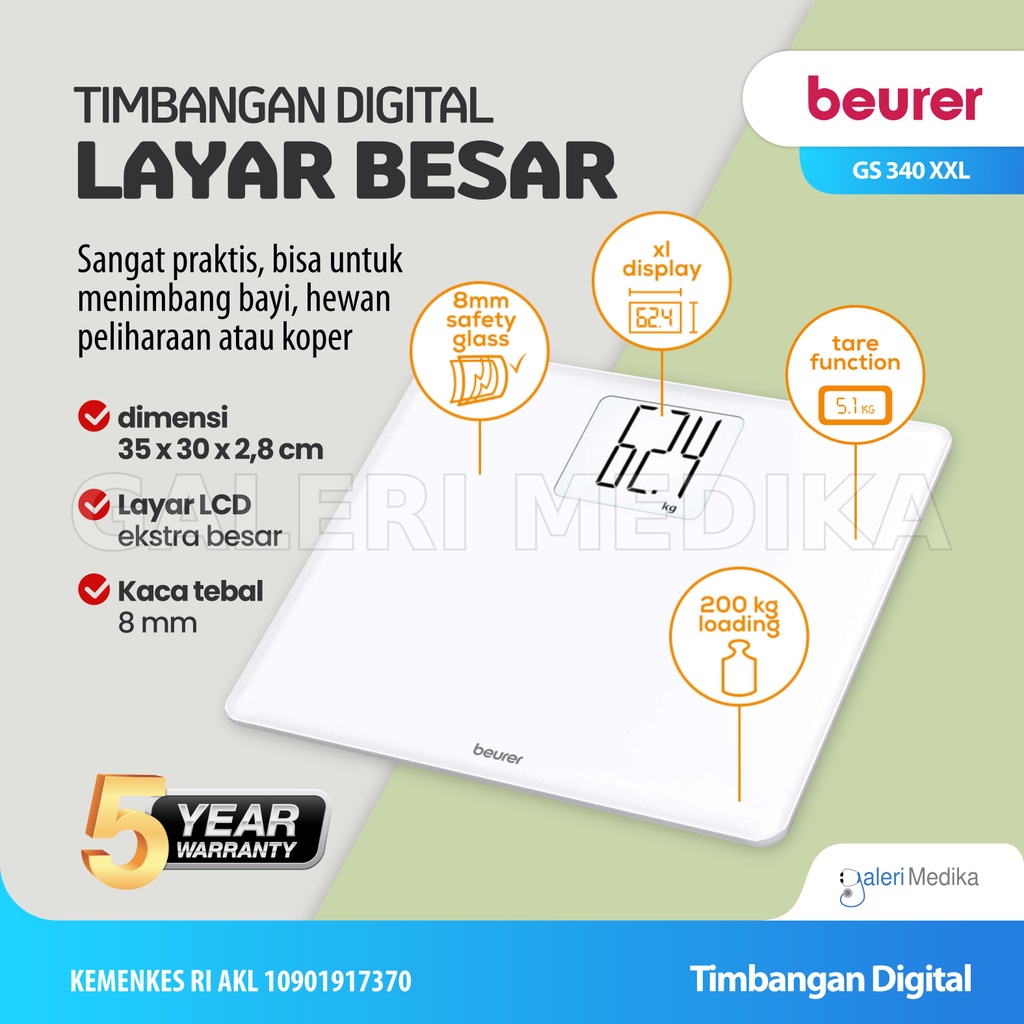 Timbangan Digital Beurer GS 340 XXL / GS-340 dengan Layar Ekstra Besar Kapasitas Berat 200 Kg