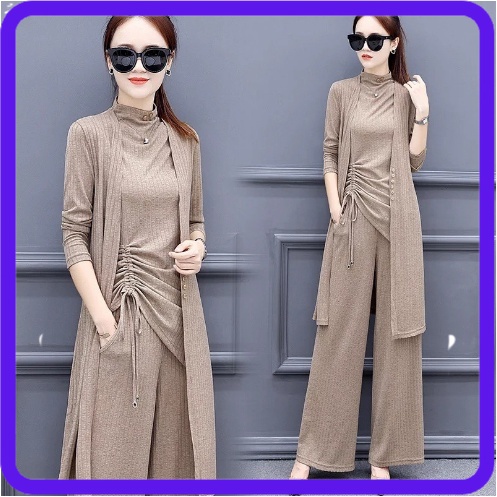 Monica one set Wanita long cardigan celana kulot panjang cardigan jumbo setelan wanita kekinian Kore