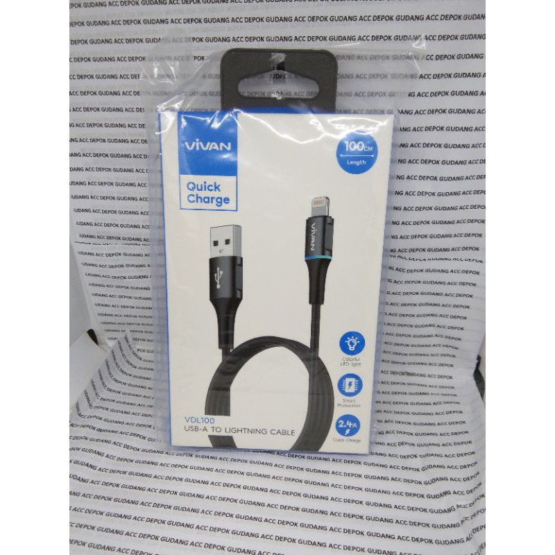 Kabel Vivan Lightning USB 2.4A LED Quick Charge 100/200cm VDL100/VDL200