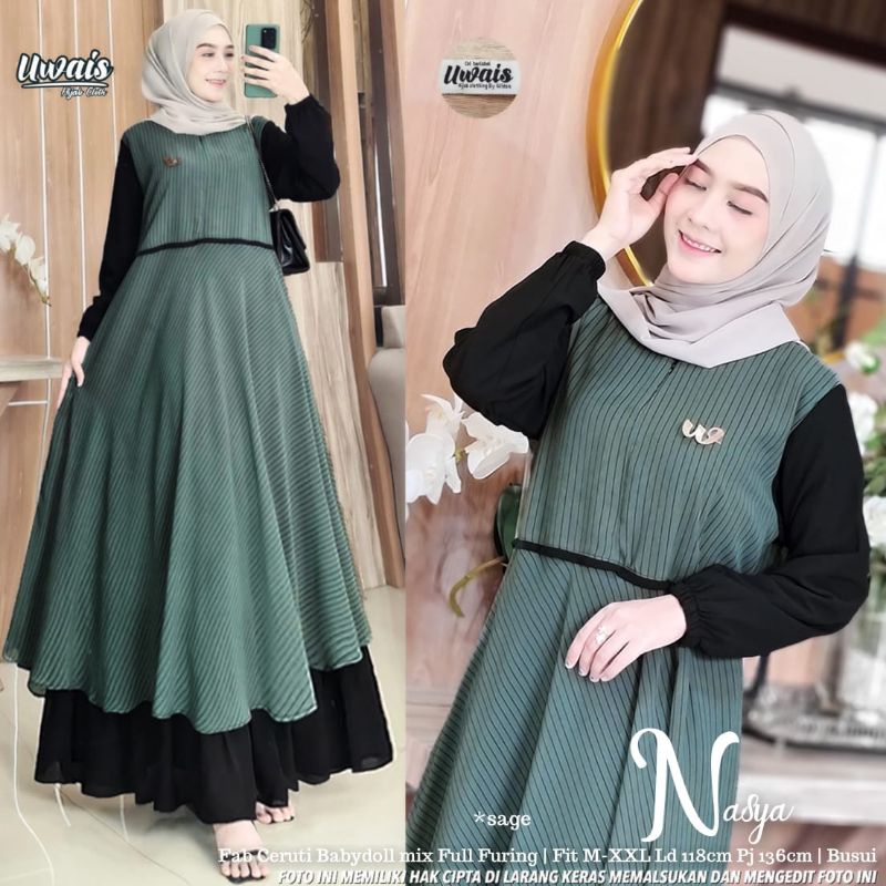 shakila maxi ceruty bebydoll salur /gamis syarii ceruty rempel/gamis ceruty motif terbaru