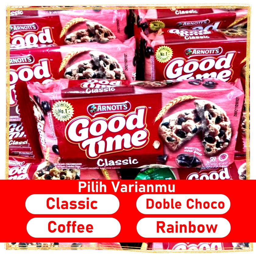 

biskuit makanan ringan pouler GOODTIME cokies kue kering classic coffee rainbow doble choco 72gr