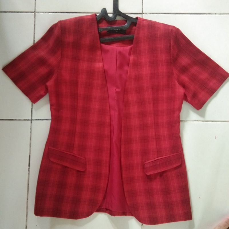 Jas kotak kotak korea wanita warna merah marun unik