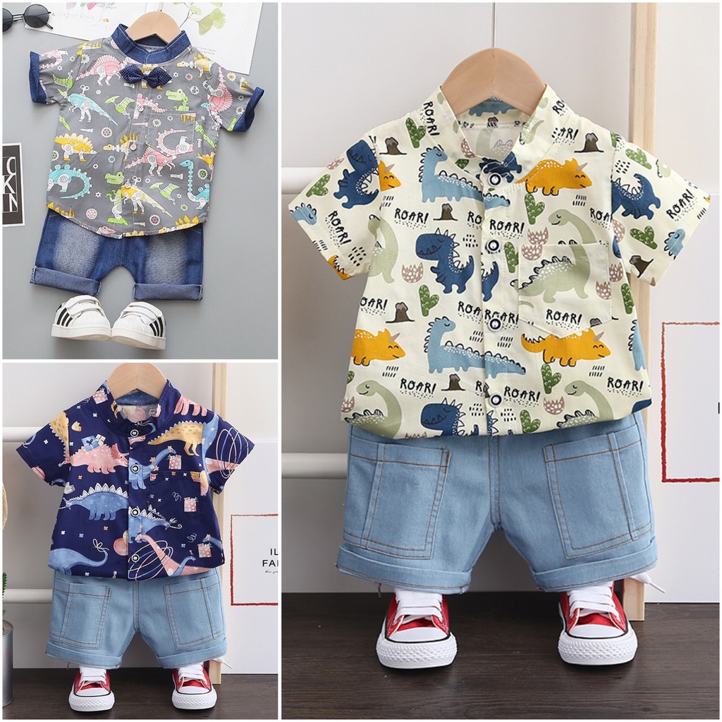  SETELAN  KEMEJA IMPORT BAJU  ANAK  LAKI  DINO ROBOT TREX 