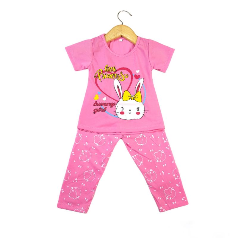 SETELAN SIKUNING PAKAIAN BAJU ANAK PEREMPUAN 2-7 TAHUN MOTIF  LITTLE PRINCES BUNNY GIR LENGAN PENDEK