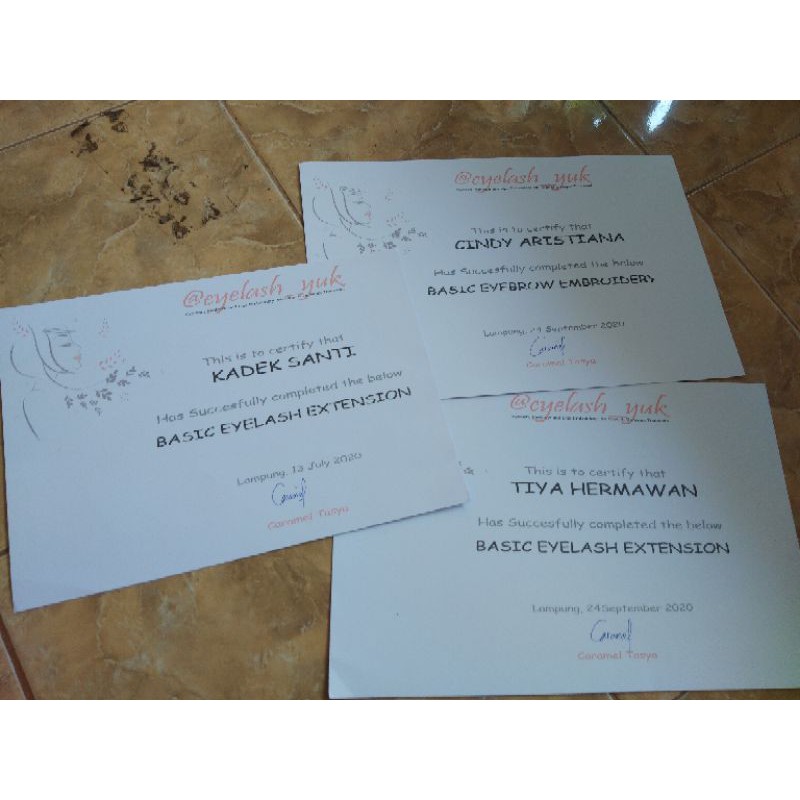 sertifikat kursus eyelash, sulam alis dll