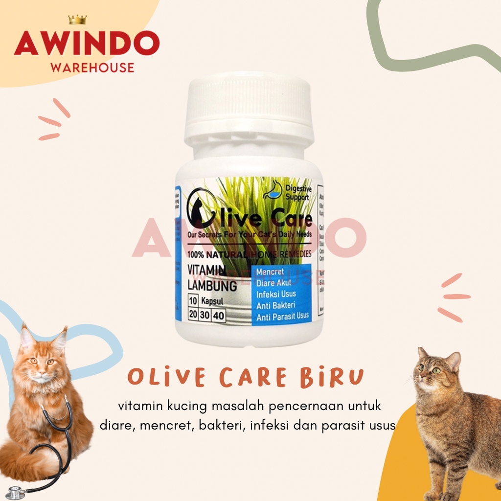 OLIVE CARE BIRU - Vitamin Kucing Masalah Pencernaan Diare Mencret Pup Berdarah Bakteri Radang Usus