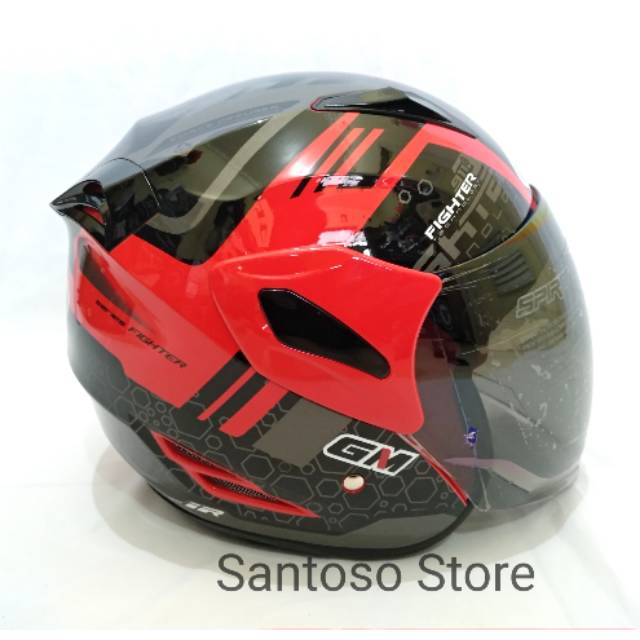 Helm Half Face GM Fighter Merah Red Silver Single Visor