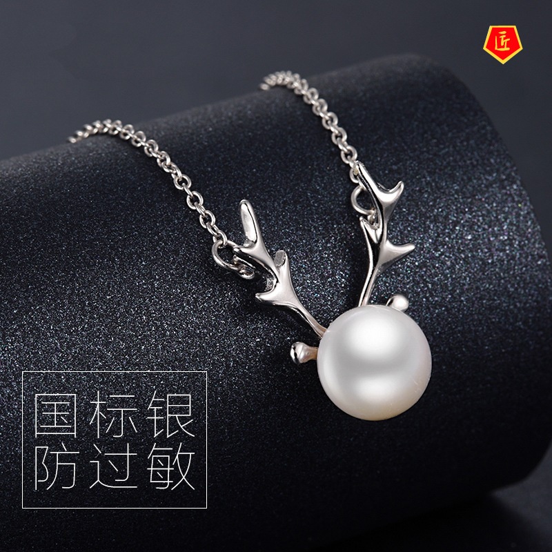 [Ready Stock]Elk Necklace Women's Fashion Korean Simple Pearl Pendant