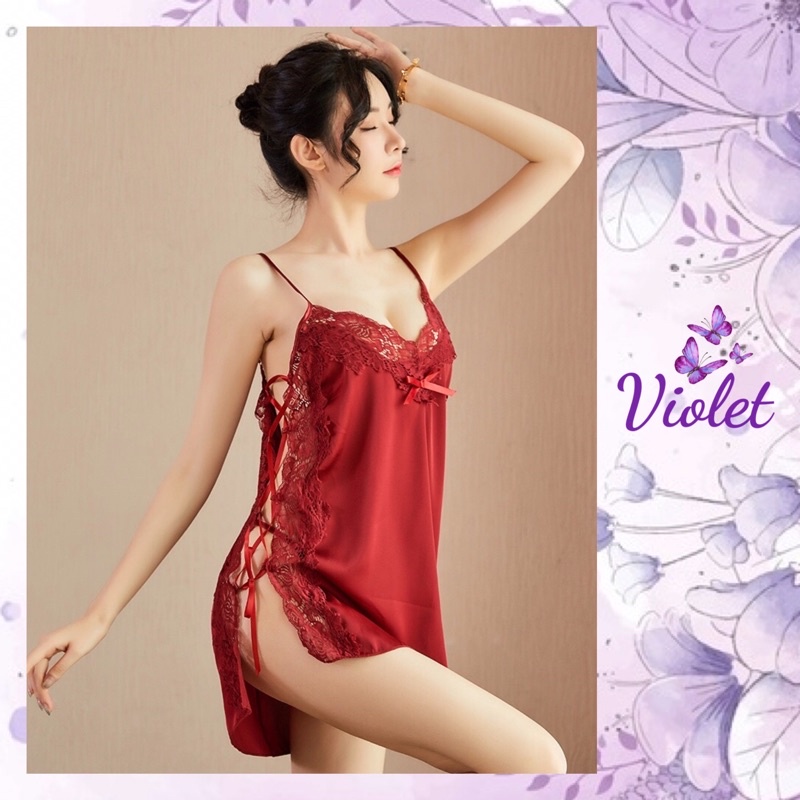 Violet Lingerie Set Wanita Seksi + G-string Baju Tidur Sexy Renda Tali Tanpa Lengan 1145