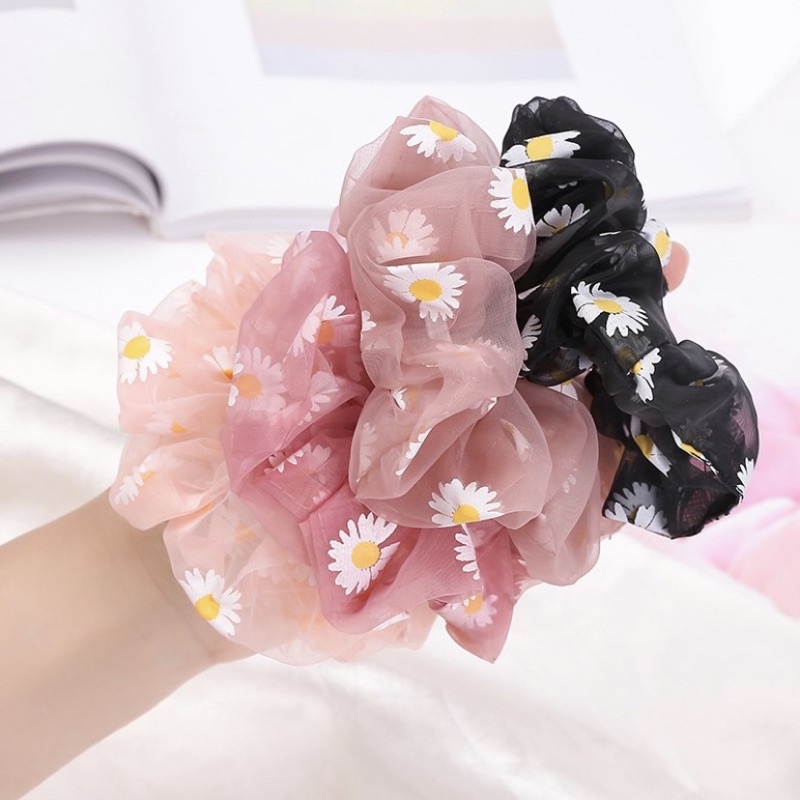 Ikat Rambut Scrunchie Motif Bunga Lingkaran Besar Transparan Penghiasan