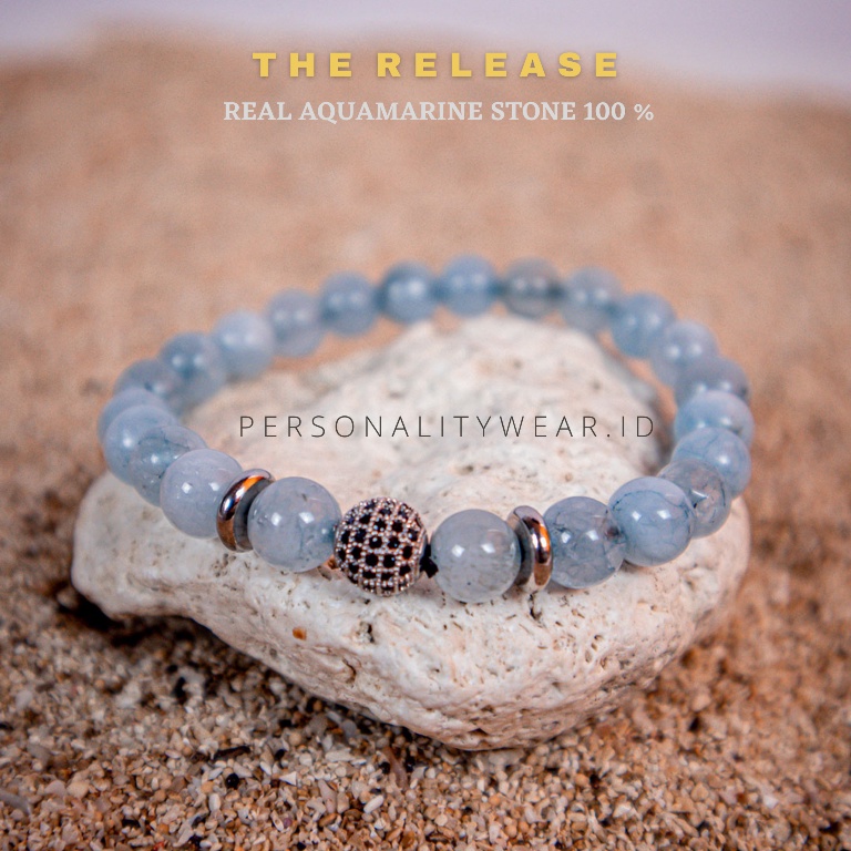 Gelang Pria Wanita Cowok Cewek Keren Dewasa Batu Kristal Aquamarine Biru Laut ASLI Akik Alam Natural