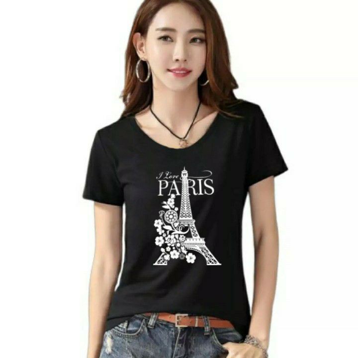 Jeslyn.Fashion Baju Kaos wanita Lengan Pendek Kekinian Abg dan Dewasa Adem dan Tebal,Pakaian wanita Atasan TShirt wanita Baju Kaos Cewek Dewasa,Remaja,Abg Tangan Pendek Terbaru Kekinian Murah Paris-Hitam