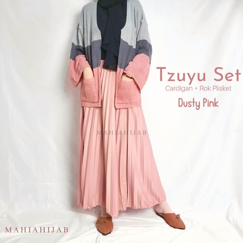 1 Set Tzuyu Cardi ( Cardi + Rok Plisket ) OUTFIT RAJUT Korean Style , SETELAN LENGKAP