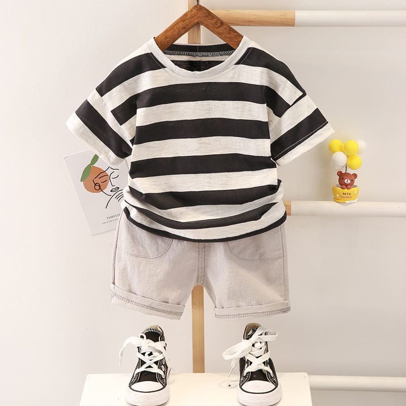 [COD] Setelan pendek anak 0-5 tahun motif garis grey &amp; biru / baju anak stelan anak lengan pendek impor korea / pakaian anak/Brownieground