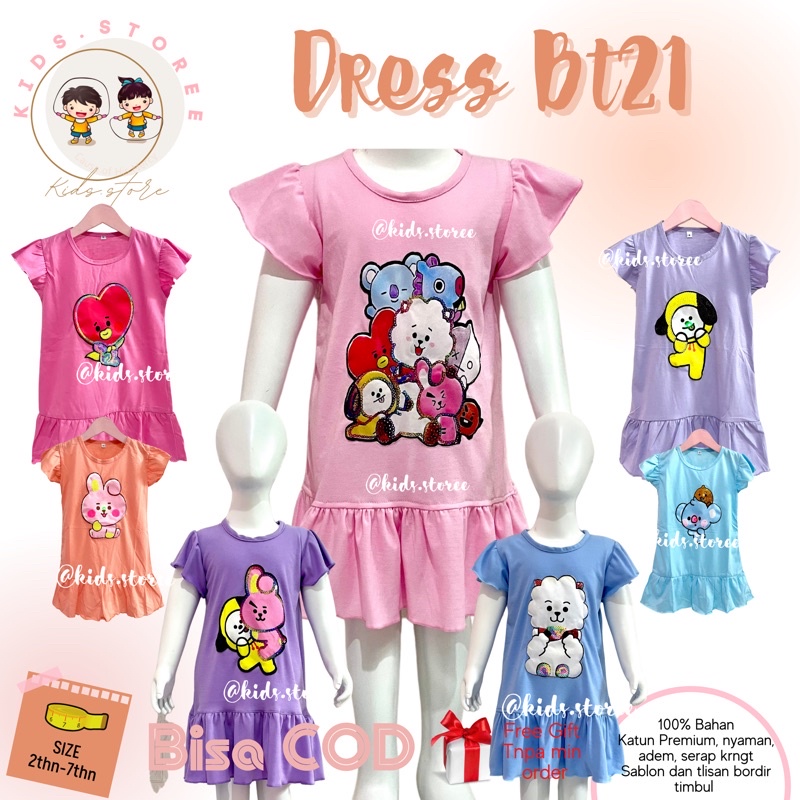 Dress Baju Panjang Ruffle Dres anak perempuan wanita cewek BT21 BTS Cooky chimmy koya tata umur 1-6 