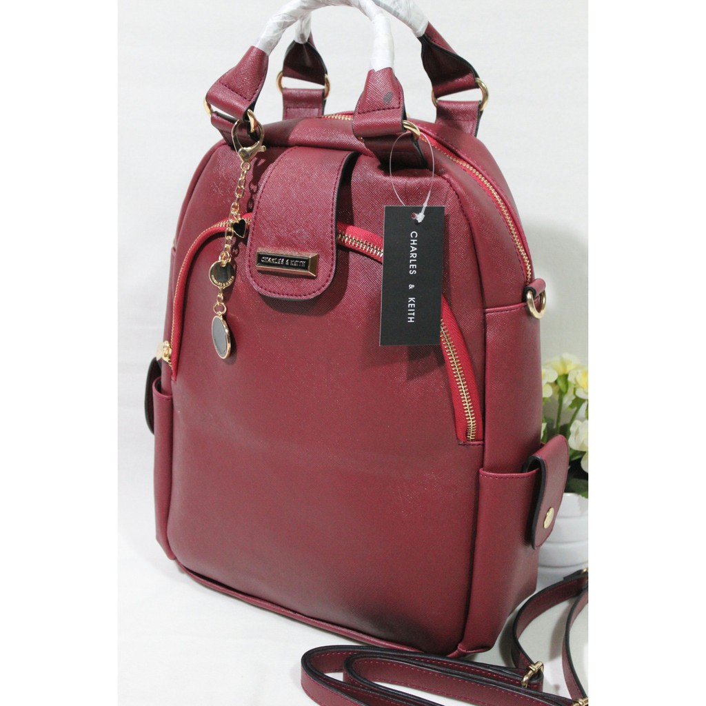 Terbaru Tas Ransel Wanita Branded CK Charles Keith Resleting Warna Merah Marun