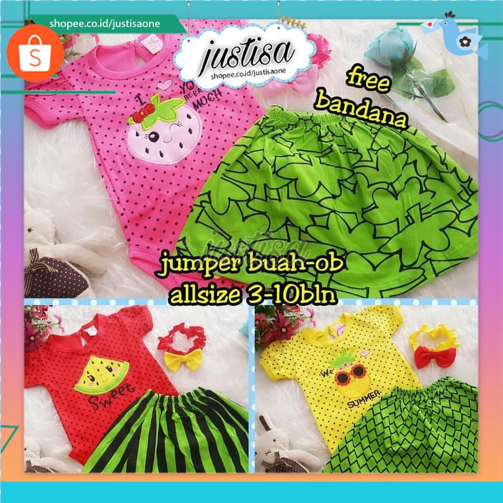 Promo  !! Baju Anak Bayi Perempuan Setelan Rok Jumper Fruits Set Bandana