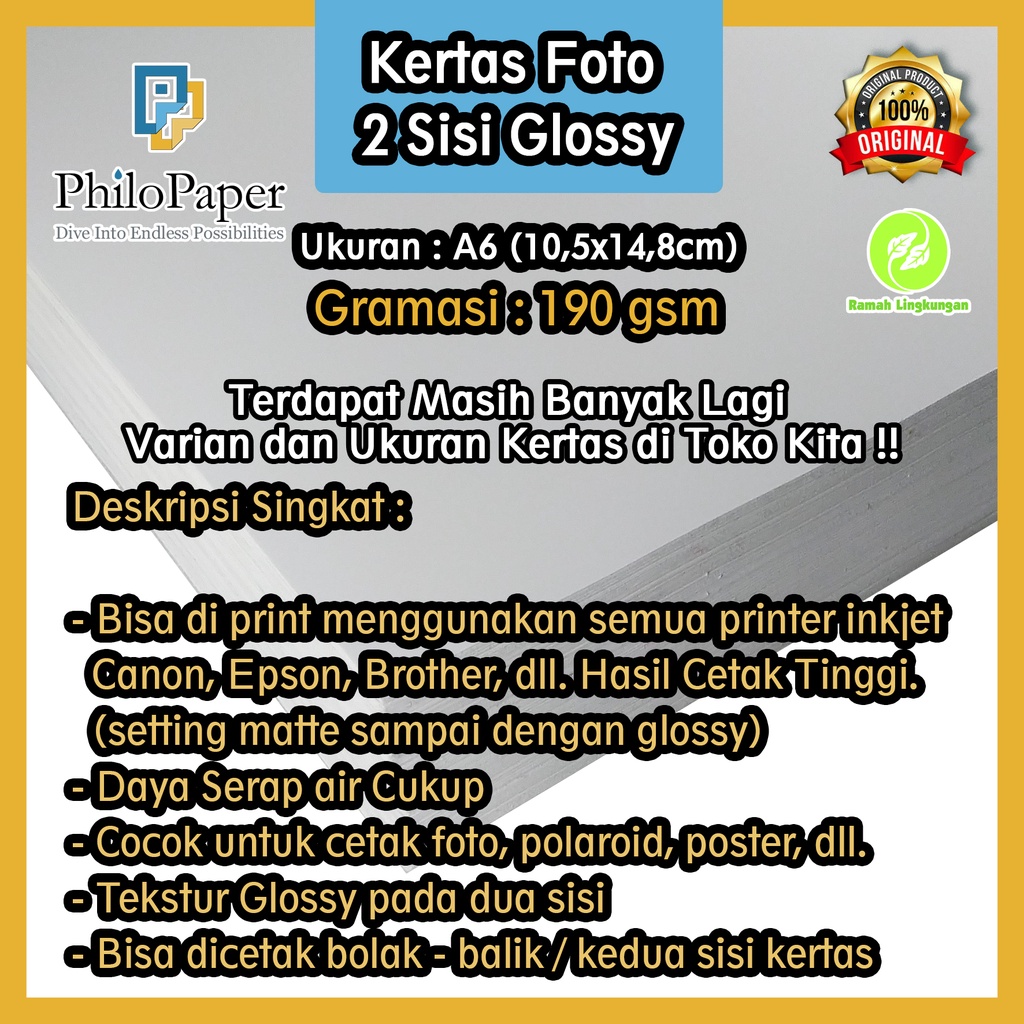 

Kertas Foto Doubleside Glossy 190 Gsm A6