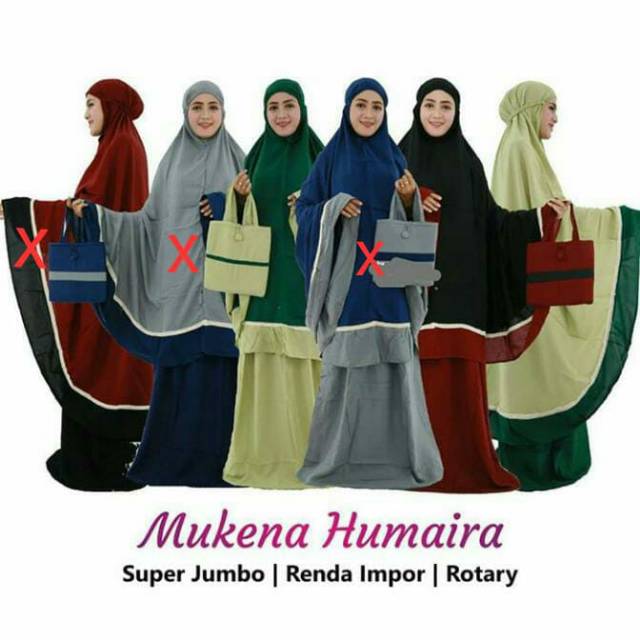 Mukena Humaira berbahan rayon dan jumbo.