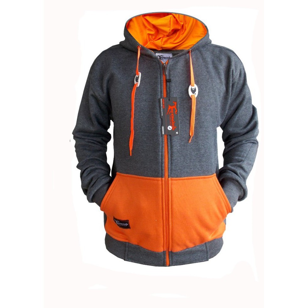 Jaket Pria Kombinasi Jaket Zipper Polos Warna Abu-abu tua dan Orange