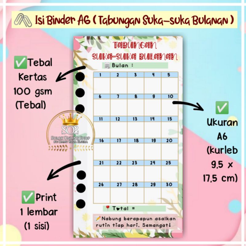 

Tabungan Suka-Suka | Kertas Binder A6