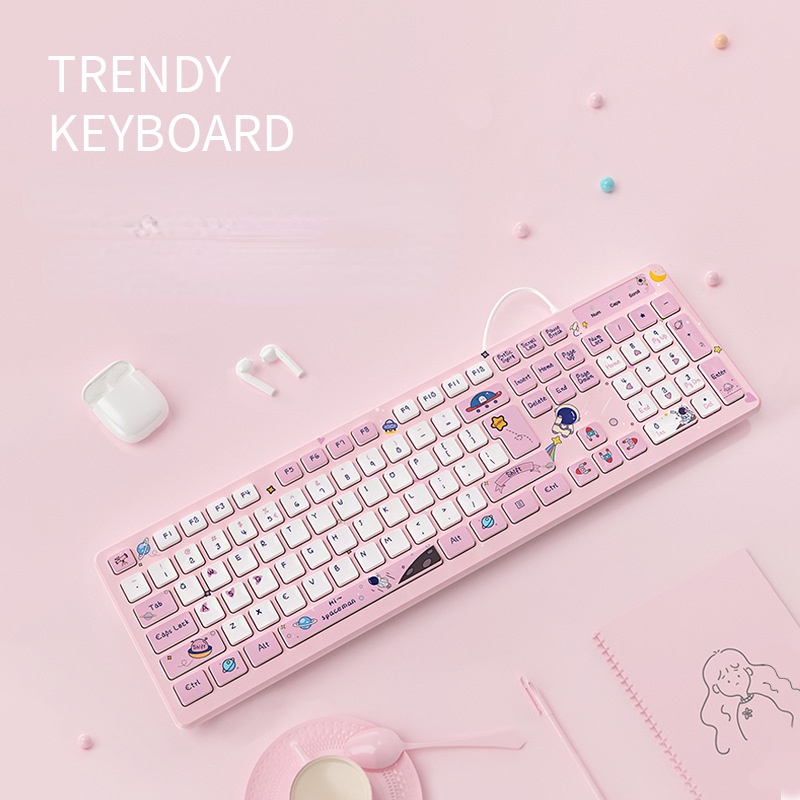 Keyboard Kabel Hening high value Desain Kartun Warna pink Untuk laptop / Kantor