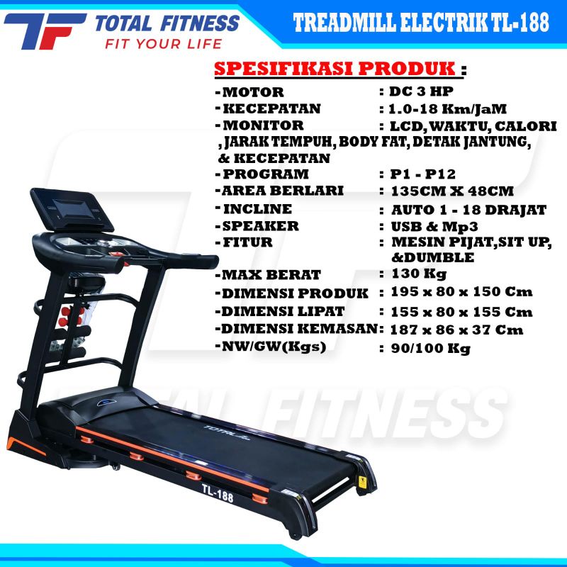 Treadmill Electric TL-188 alat olahraga lari fitness dan gym