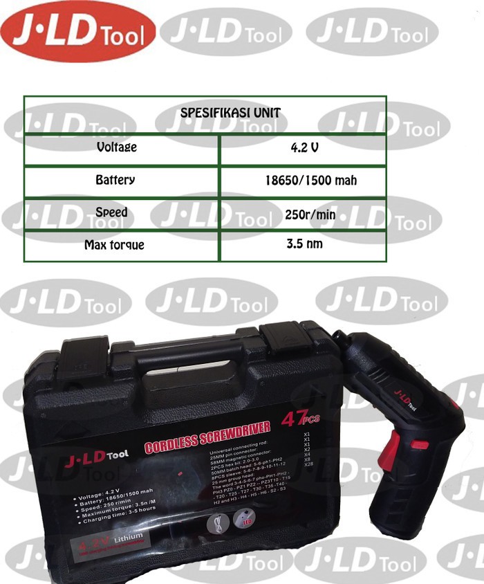 JLD Cordless 4.2 Volt Screwdriver Full Toolkit Bor Obeng Baterai