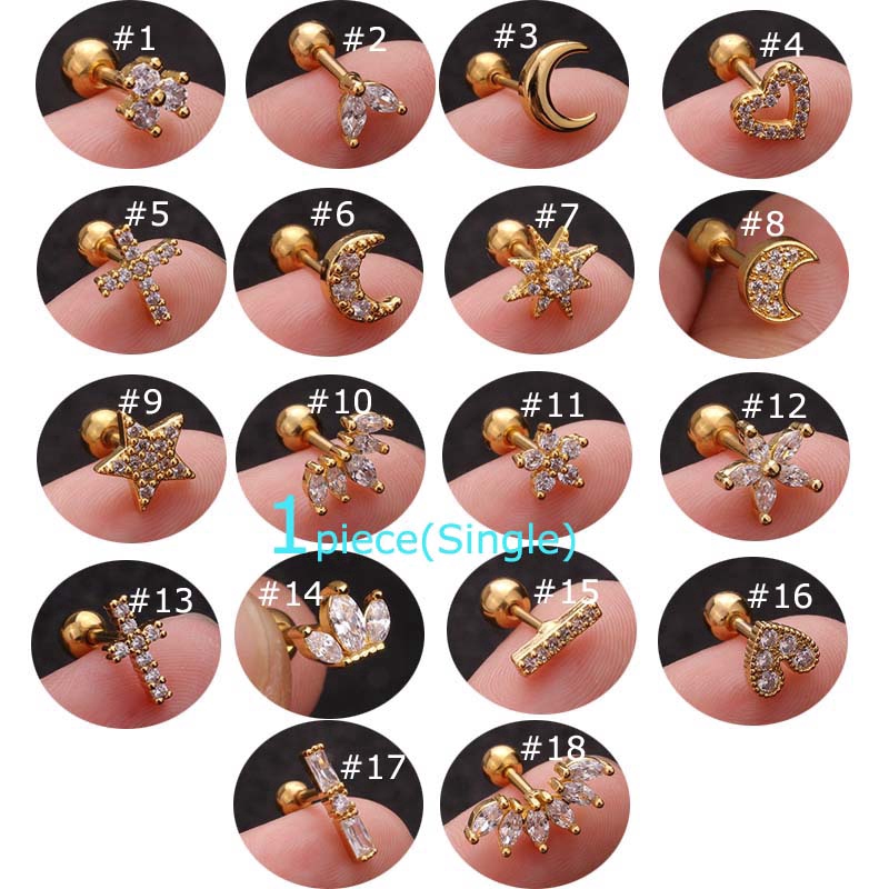 1piece Moon Star Flower Heart Cross Stainless Steel Tragus Diath Cartilage Helix Rook Piercing