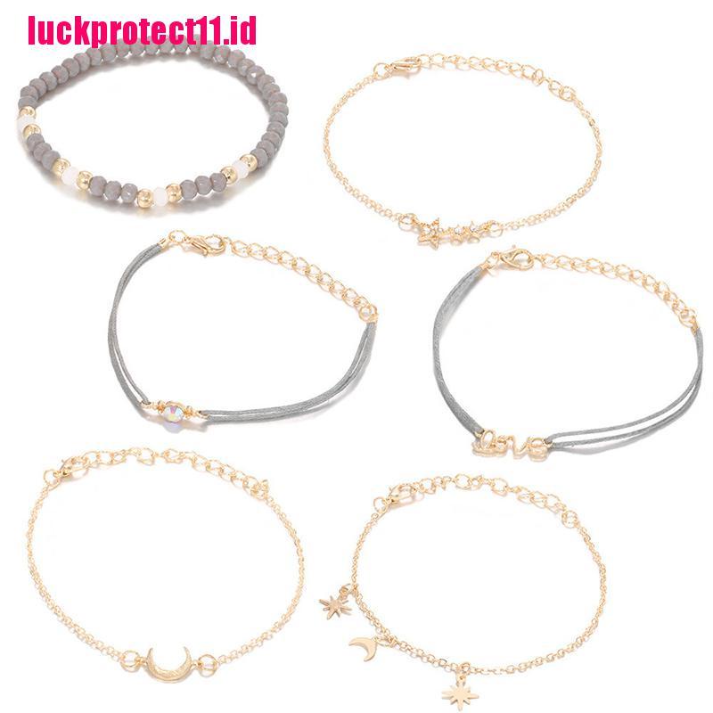 (LUCK) 6pcs / set Gelang Tangan Rantai Aksen Rumbai + Daun Gaya Bohemian Untuk Wanita