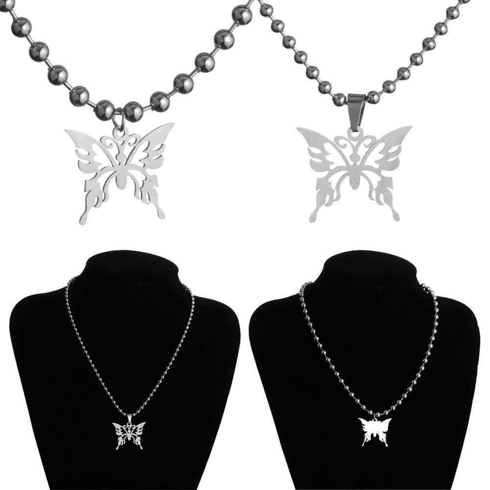 Lily Butterfly Pendant Kalung Fashion Stainless Steel Gothic Rock Boho Perhiasan Rantai Bola