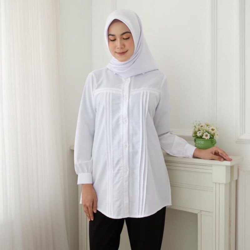 TERLARIS BAJU ATASAN BLUS BLOUSE KERJA KANTORAN WANITA PNS GURU TENAGA MEDIS WARNA PUTIH POLOS LENGA