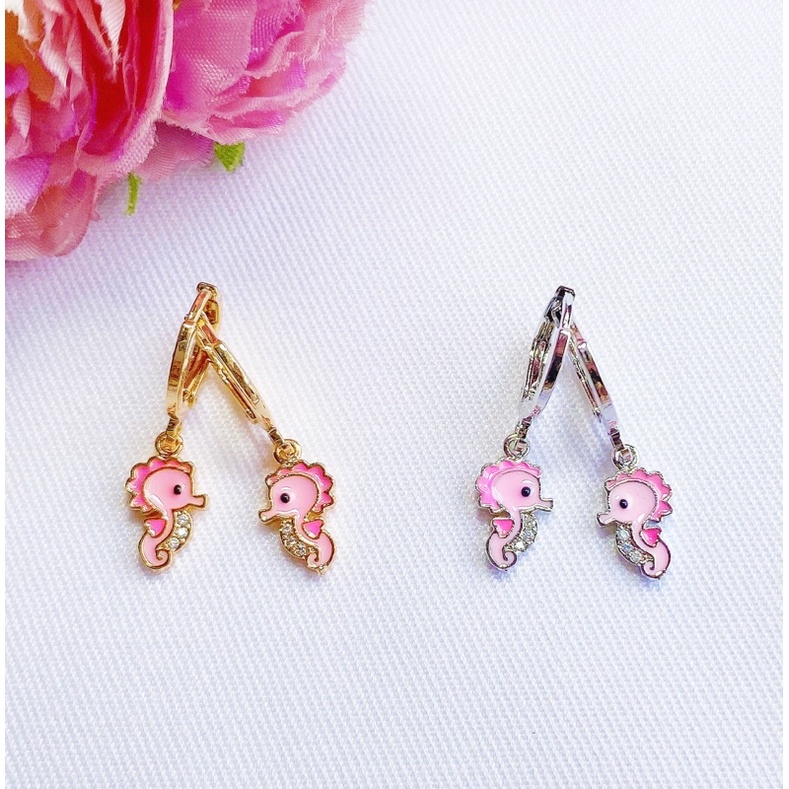 Anting Anak Titanium Pink Seahorse Lapis Emas Kristal Zirconia