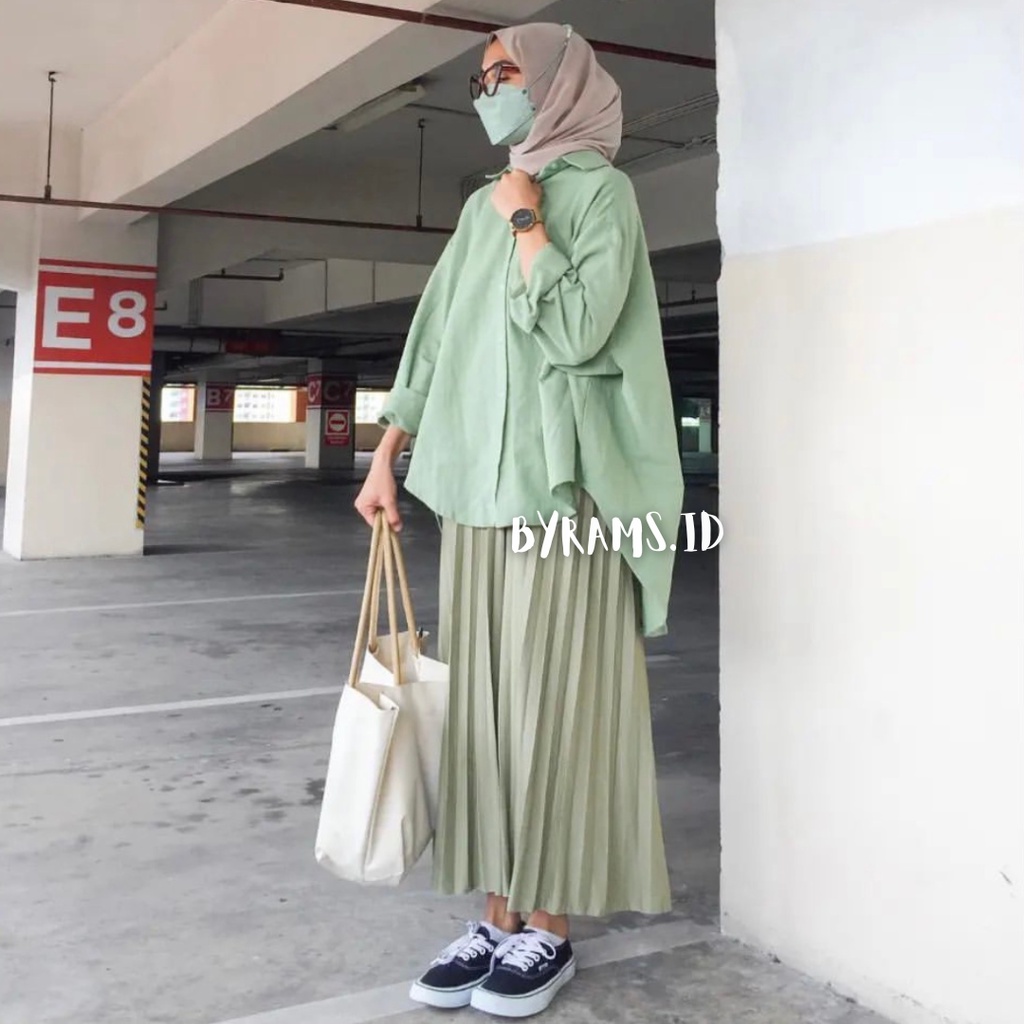 Kemeja Wanita Oversize Linen Olivia Shirt Linen Pocket Oversize-MATCHA