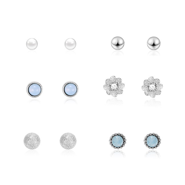 LRC Anting Set Fashion Silver Geometrical Petal-studded Pearl Stud Earrings 6 Pairs F29797